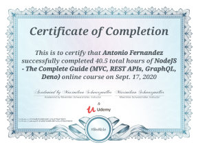 Certificate: NodeJS - The Complete Guide (MVC, REST APIs, GraphQL, Deno)