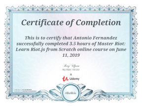 Certificate: Master Riot v3: Learn Riot.js from Scratch